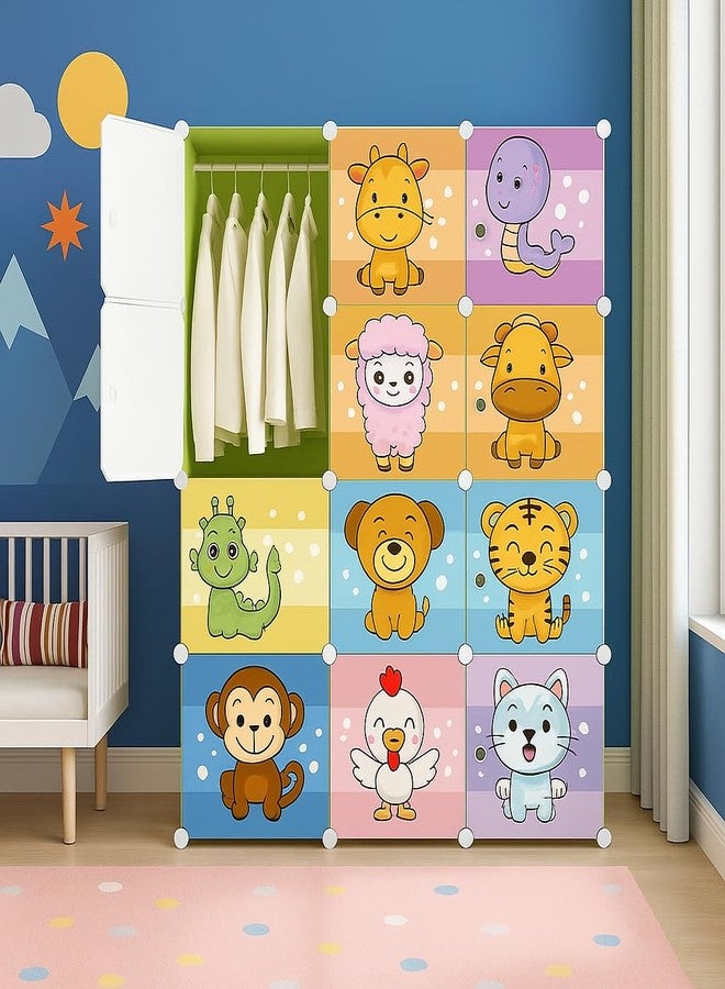 LUHI Almirah for Clothes,Plastic Soft Sheet Collapsible Wardrobe for Clothes for Kids Clothes/Toy/Book, Baby Cupboard for Clothes Storage in Bedroom Nursery,Cartoon (Zodiac Green, 12-Shelf-12-Door) - Image 1